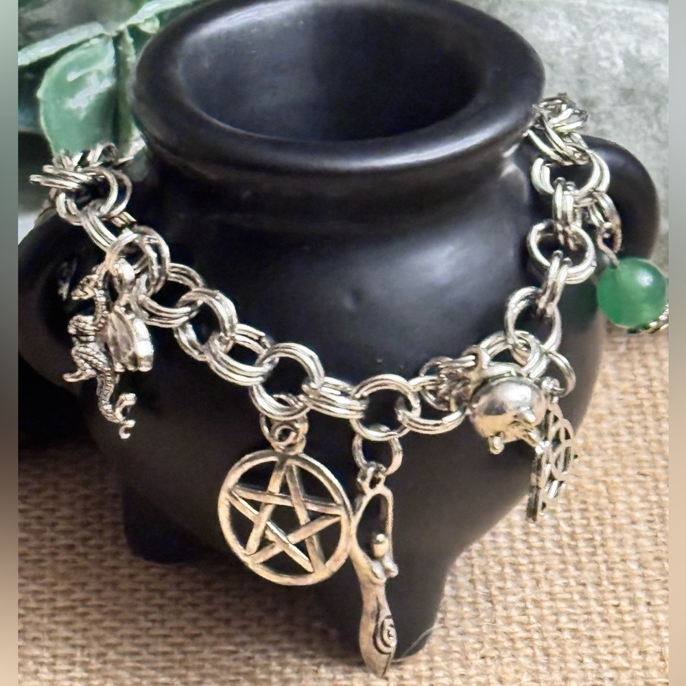 Goddess & pentagram Charm Bracelet with Aventurine Bead